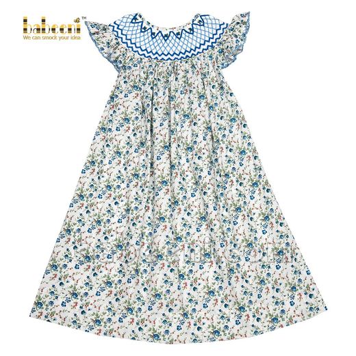 Graceful smocked dress navy geometric and tiny flowers - DR 3016